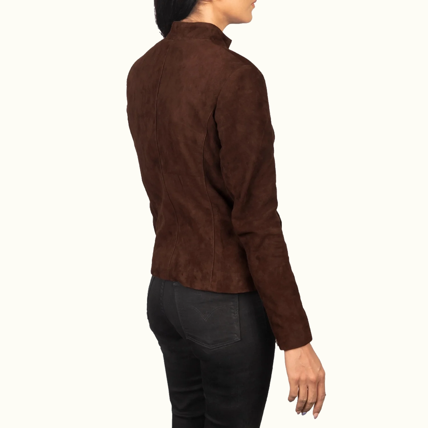 Rumella mokkabraune Wildleder Bikerjacke für Damen – Rückansicht