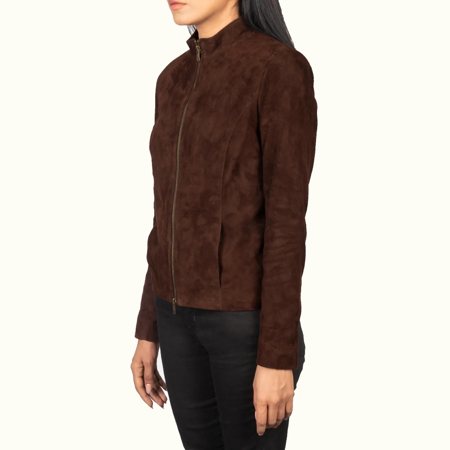 Rumella mokkabraune Wildleder Bikerjacke für Damen aus Ziegenleder – Seitenansicht