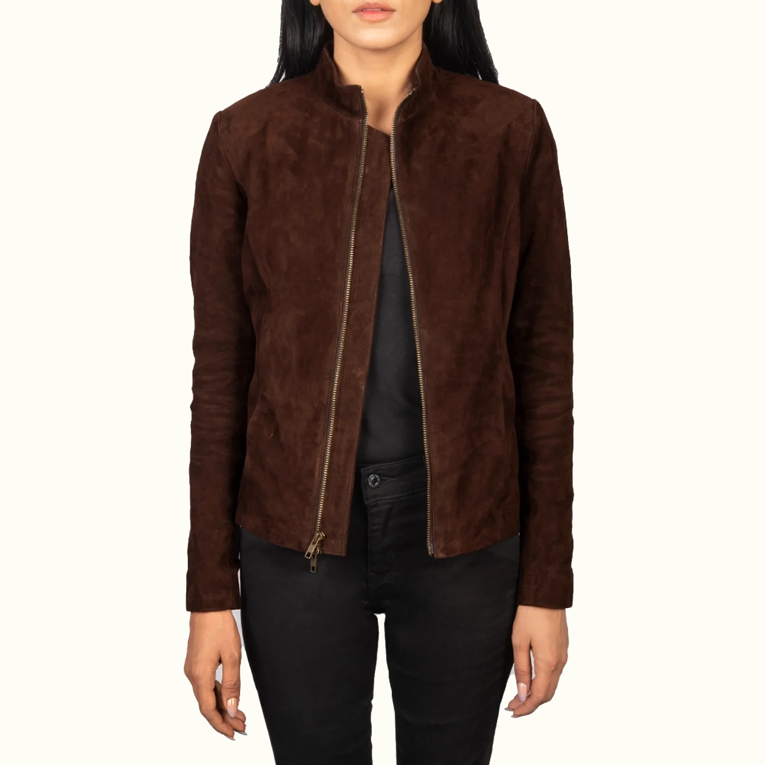 Rumella mokkabraune Wildleder Bikerjacke für Damen – Vorderansicht offen