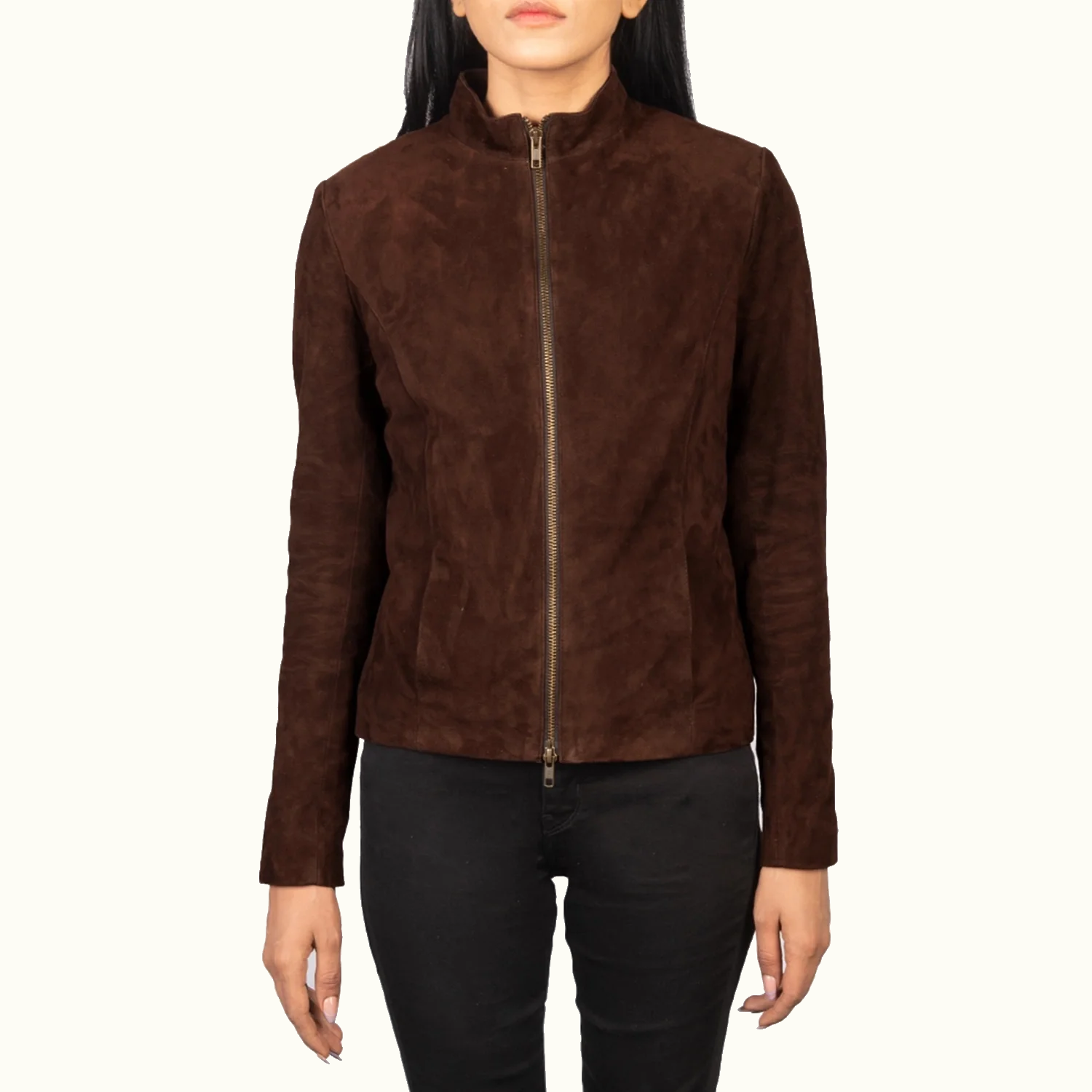Rumella mokkabraune Wildleder Bikerjacke für Damen mit Stehkragen – Vorderansicht
