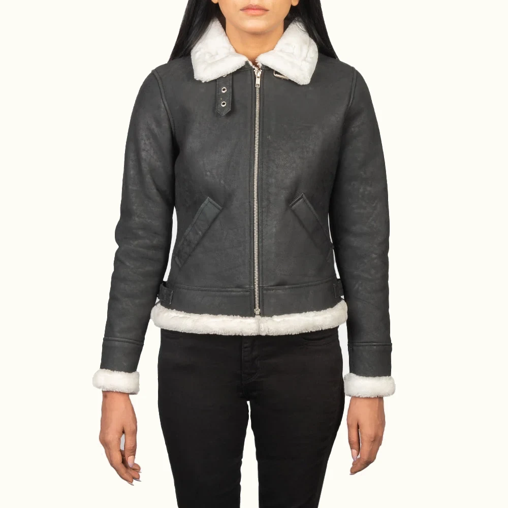 Soraya B-3 schwarze Leder Fliegerjacke für Damen mit weißem Kunstfell – Vorderansicht