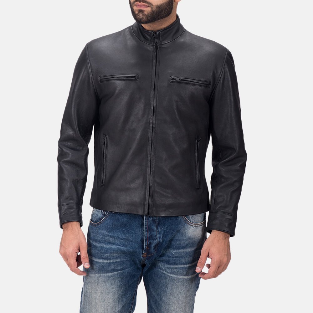 Ulm schwarze Biker Lederjacke für Herren aus mattem Kalbsleder in Vorderansicht