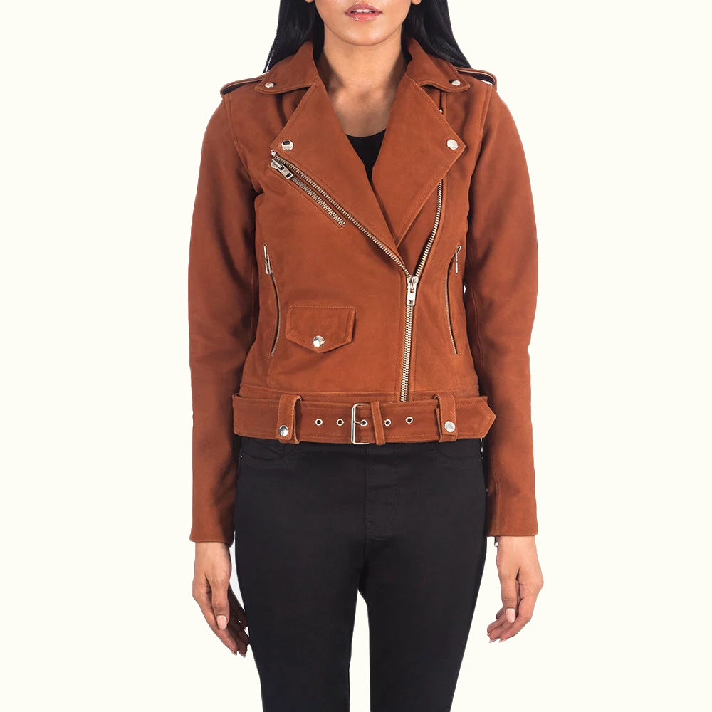 Valora cognacbraune Wildleder Bikerjacke für Damen in Vorderansicht