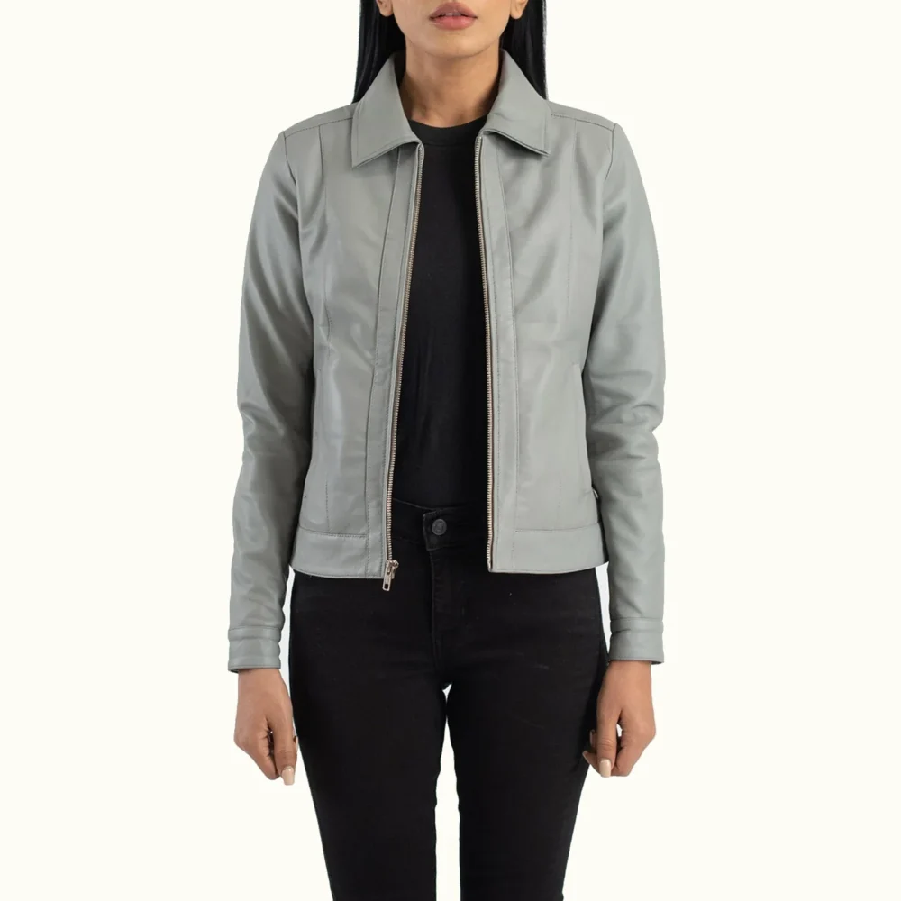 Vixen graue Aviator Lederjacke für Damen aus Schafsleder – Vorderansicht offen